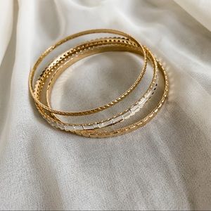 Slim Gold CZ Baguette Textured Bangle Bracelet Set